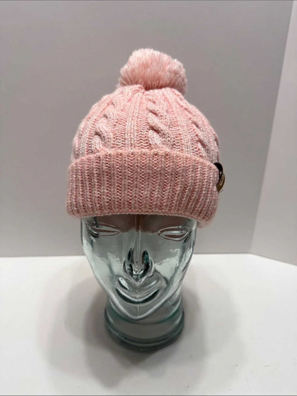 Soft Pink Cable-Knit Pom Pom Beanie for Kids
